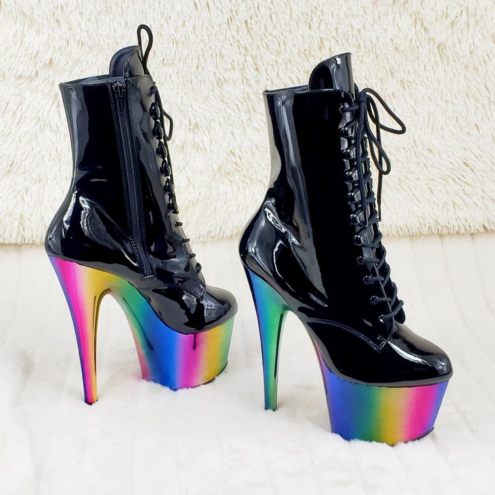 Rainbow Chrome Platform Patent Ankle Boots 7" High Heels